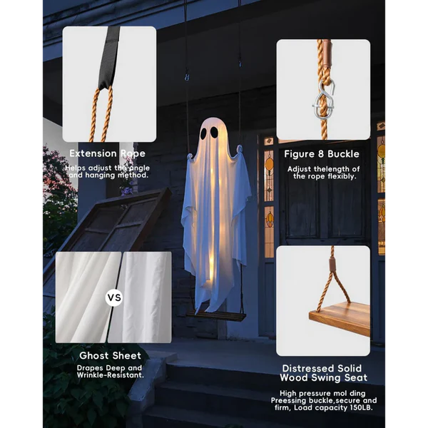 🔥ON SALE🔥Hanging Swing Ghost Halloween Decor with String Lights